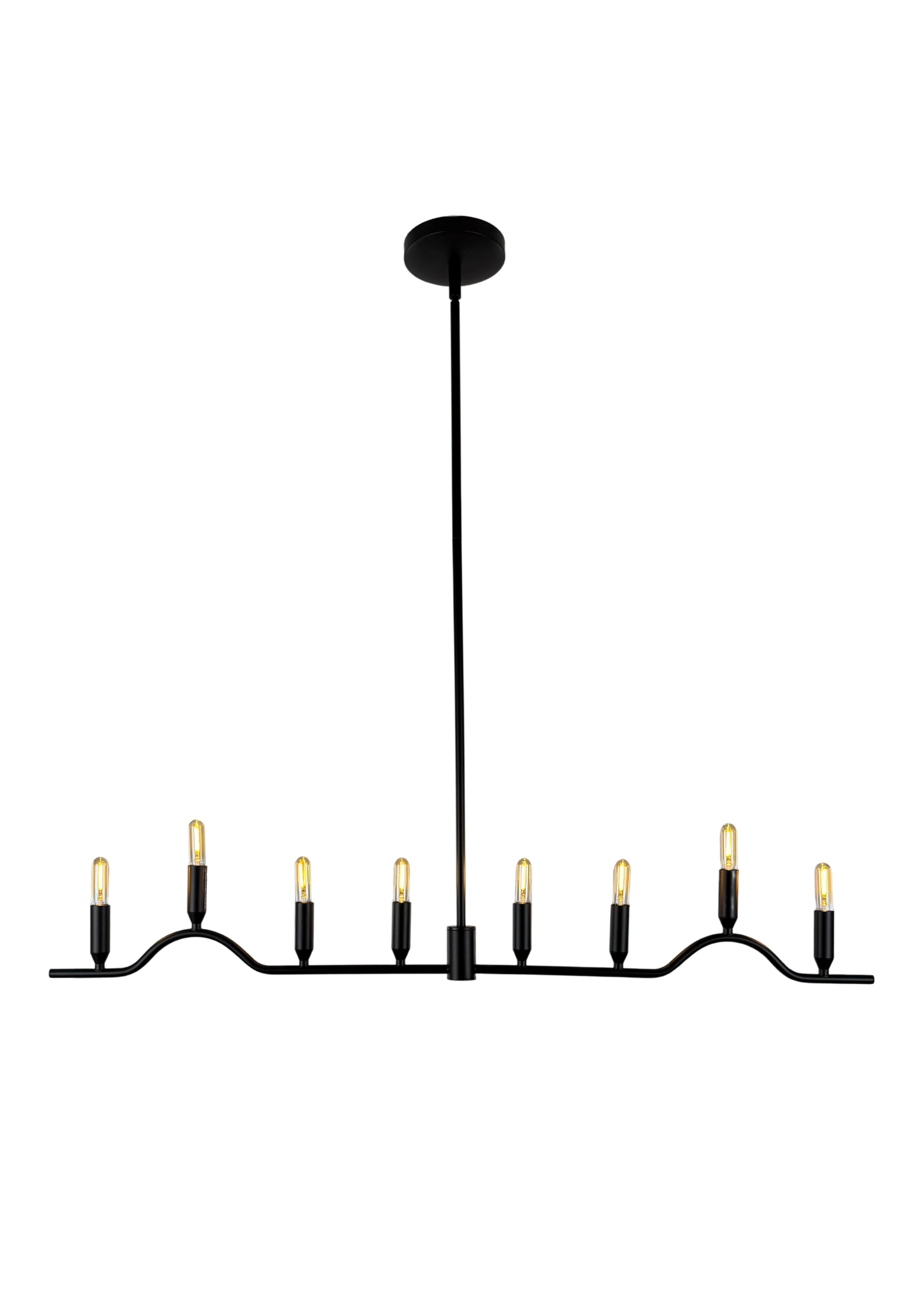 Willow Linear Chandelier in matte black steel with eight exposed lights