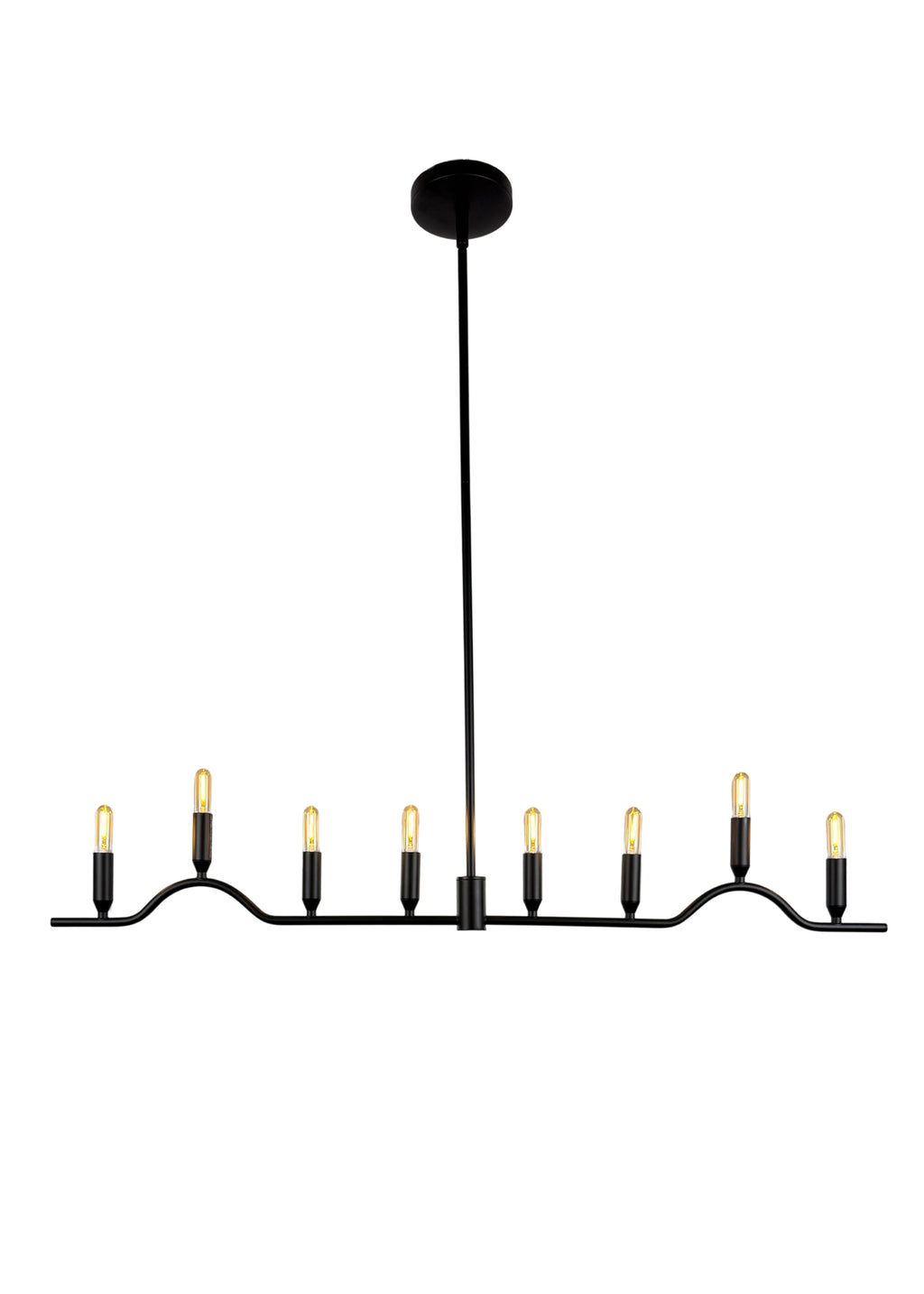 Willow Linear Chandelier in matte black steel with eight exposed lights
